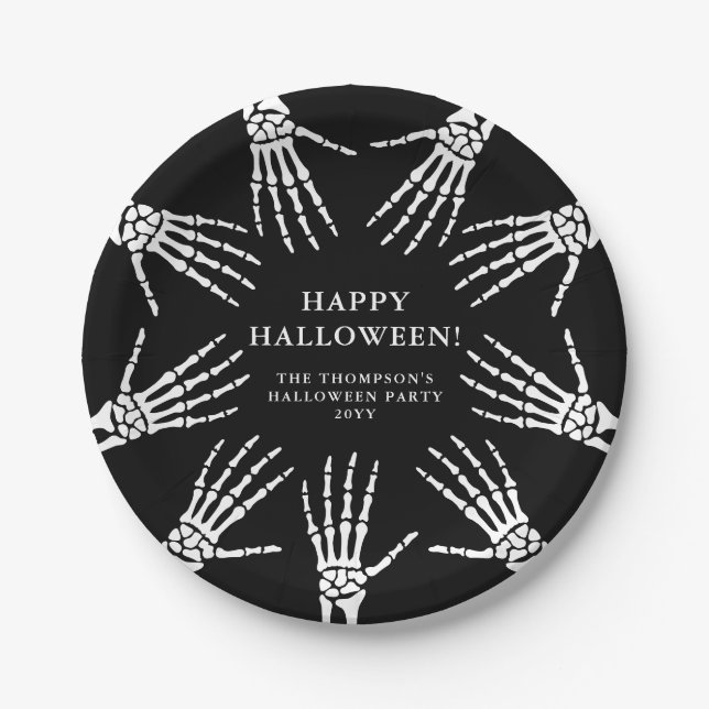 Prato De Papel Bony Skeleton Mão No Black Happy Halloween (Frente)