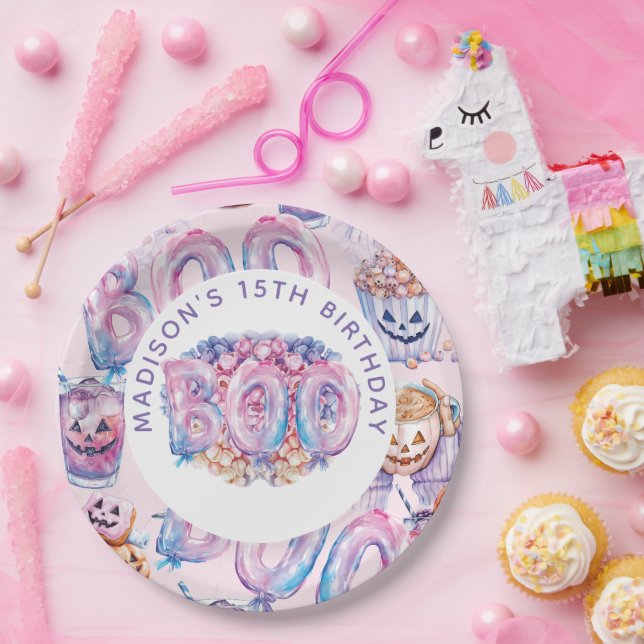 Prato De Papel Boo de Halloween Púrpura, Rosa Personalizado (Festa)