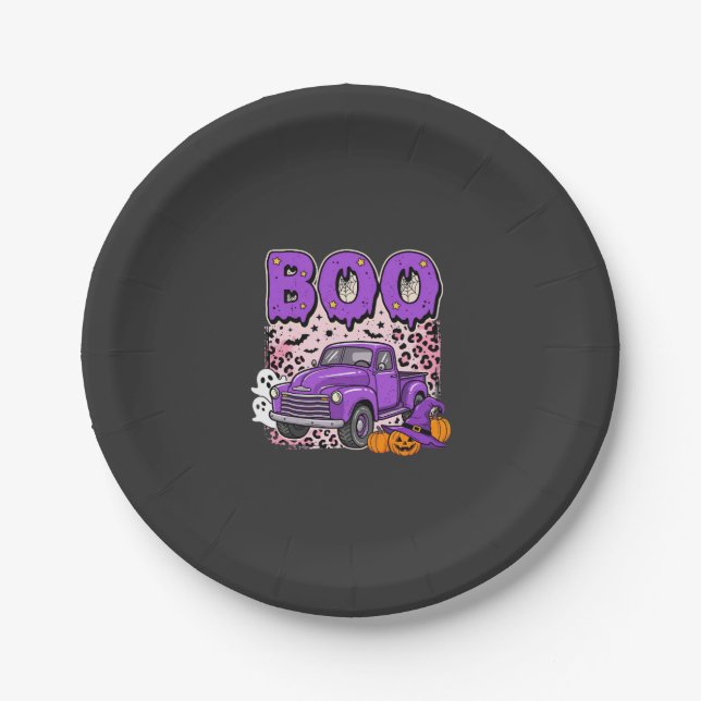 Prato De Papel Boo Halloween Caminhão Roxo Fantasma e Abóboras De (Frente)