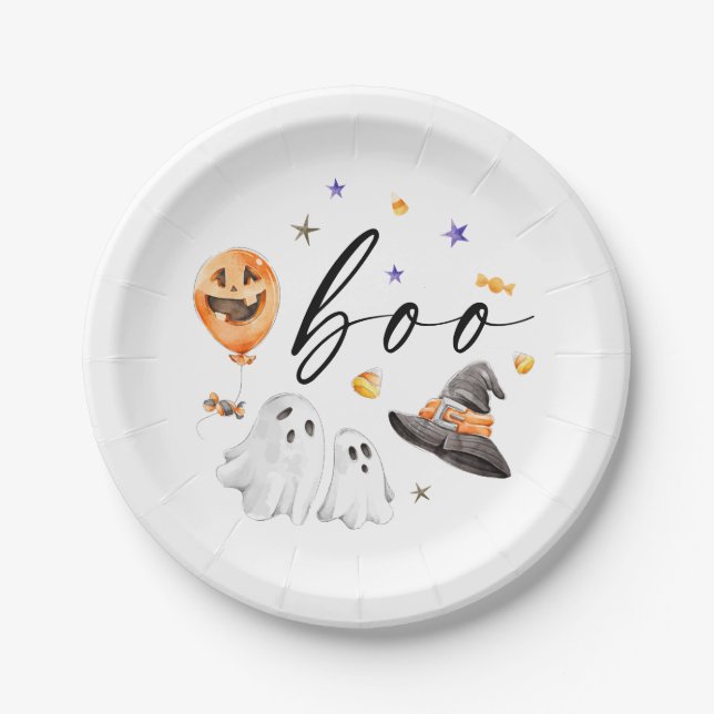 Prato De Papel Boo Halloween Watercolor Party (Frente)