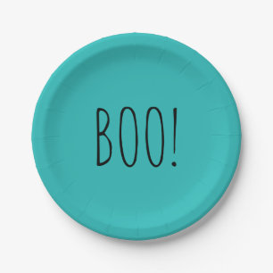 Prato De Papel Boo teal e preto minimalista simples Halloween