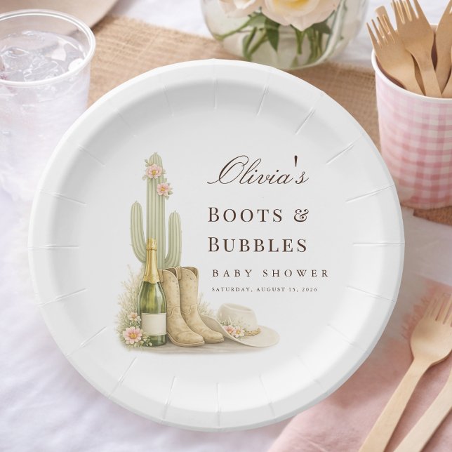 Prato De Papel Boots & Bubbles Elegant Western Baby Shower (Criador carregado)