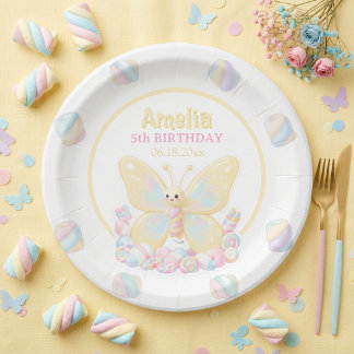 Prato De Papel Borboleta Amarela Marshmallow Aniversário Infantil