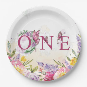 Prato De Papel Borboleta Aquarela Floral Primeiro Aniversário