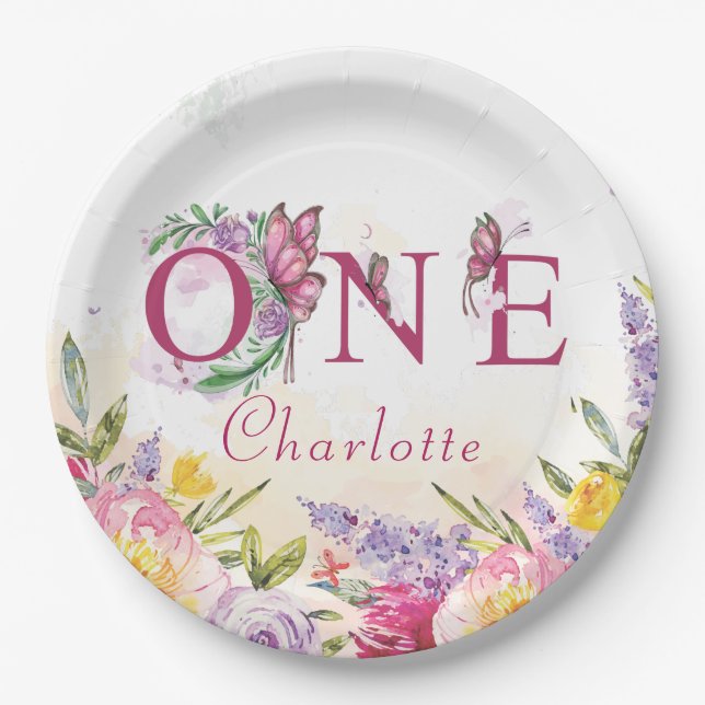 Prato De Papel Borboleta Aquarela Floral Primeiro Aniversário (Frente)