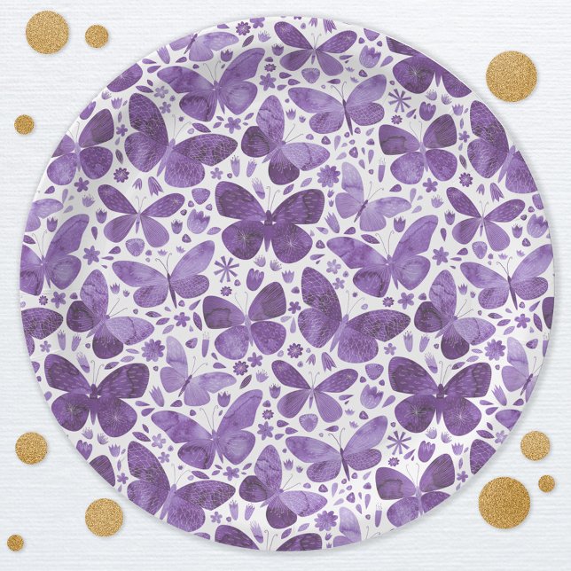 Prato De Papel Borboleta Aquarela Puro (Butterfly watercolor pattern purple party paper plates)