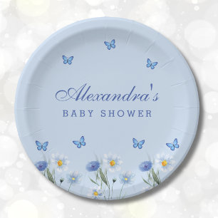 Prato De Papel Borboleta Azul Dusty Boho Chá de fraldas de flor s