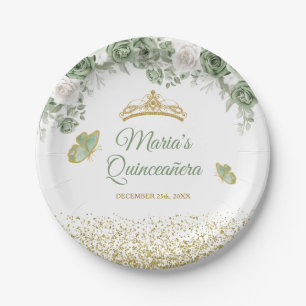 Prato De Papel Borboleta Coroa Verde Salvia Dourada Quinceañera