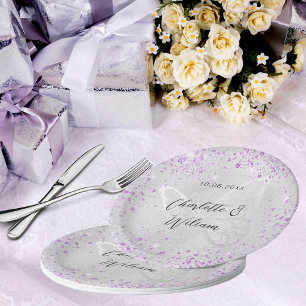 Prato De Papel Borboleta de lavanda Silver de Casamento