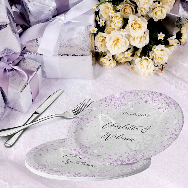 Prato De Papel Borboleta de lavanda Silver de Casamento (Criador carregado)