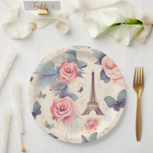 Prato De Papel Borboleta e padrão de Rosas da Torre Eiffel