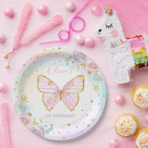 Prato De Papel Borboleta Floral Rosa-Festa de aniversário-Borbol