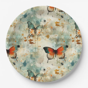 Prato De Papel Borboleta Laranja Teal Antiga Flor Branca