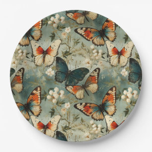 Prato De Papel Borboleta Laranja Teal Antiga Flor Branca