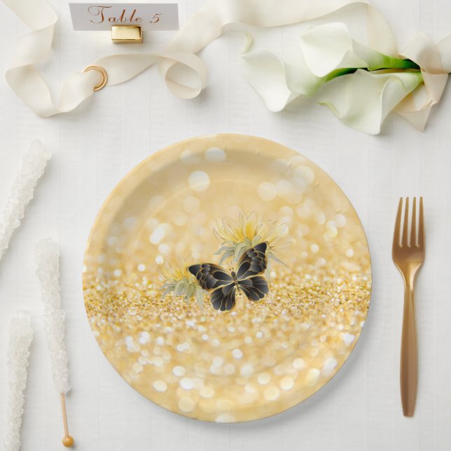Prato De Papel Borboleta Preta de Girassol Elegante Dourada (Casamento)
