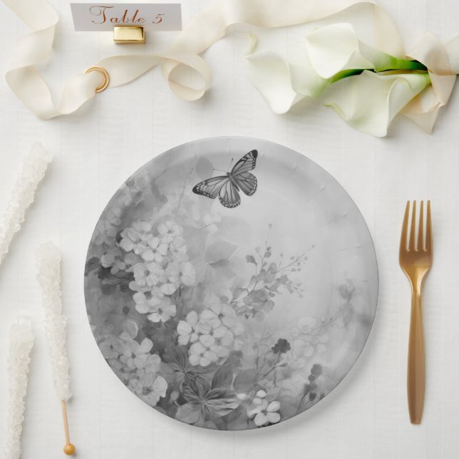Prato De Papel Borboleta Preta e Branca (Casamento)