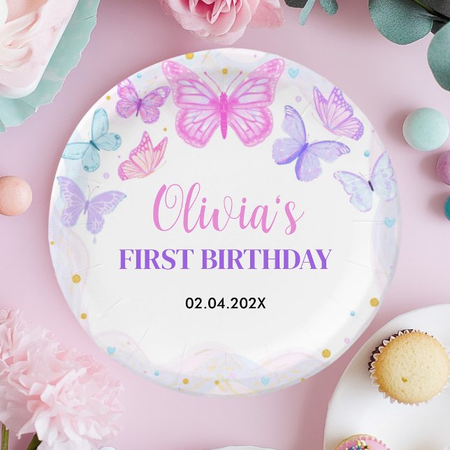 Prato De Papel Borboleta rosa Aniversário (Criador carregado)