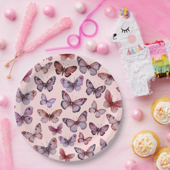 Prato De Papel Borboletas Aquarela Chá de fraldas Branca (Festa)