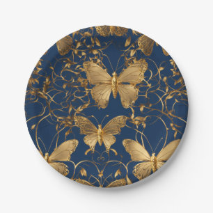 Prato De Papel Borboletas Azuis Metálicas com Vinhas Douradas