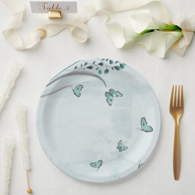 Prato De Papel borboletas azul turquesa folhas floral (Casamento)