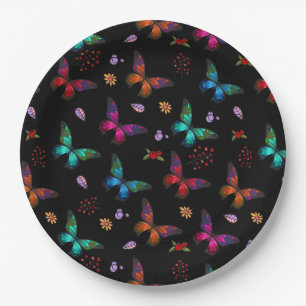 Prato De Papel Borboletas coloridas elegantes em preto