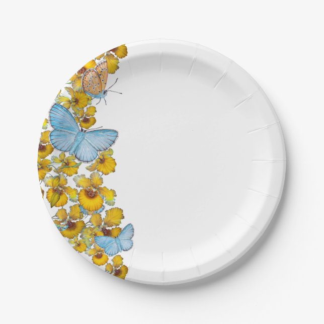 Prato De Papel Borboletas e Flores Pastel Azul e Amarelo (Frente)