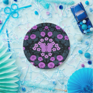 Prato De Papel Borboletas e simetria das flores, violeta e azul