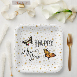 Prato De Papel Borboletas Elegante e estrelas Feliz ano novo bran
