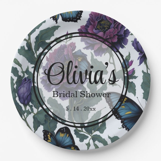 Prato De Papel Borboletas florais magenta púrpura de ameixa de vi (Frente)