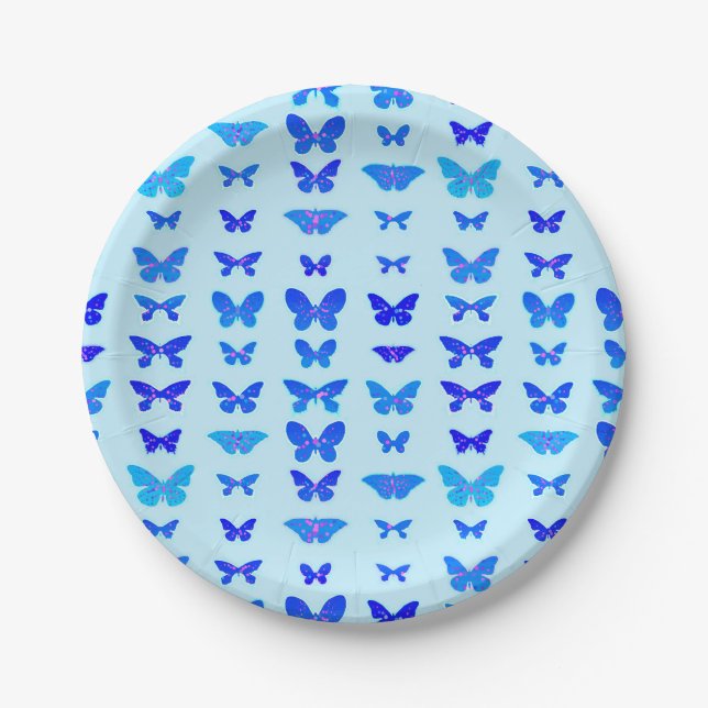 Prato De Papel Borboletas, índigo, fundo azul-céu (Frente)