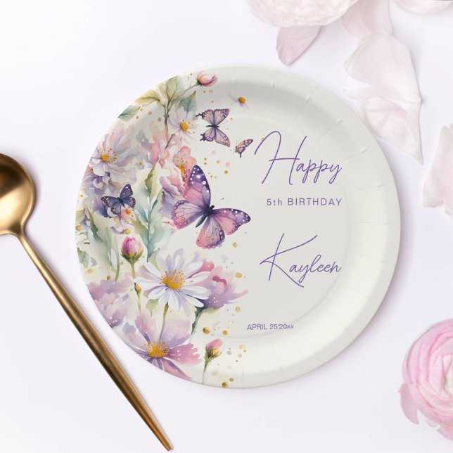 Prato De Papel Borboletas lavanda de aniversário roxa impressa (Butterflies birthday party tableware enchanted garden lavender purple printed paper plates)
