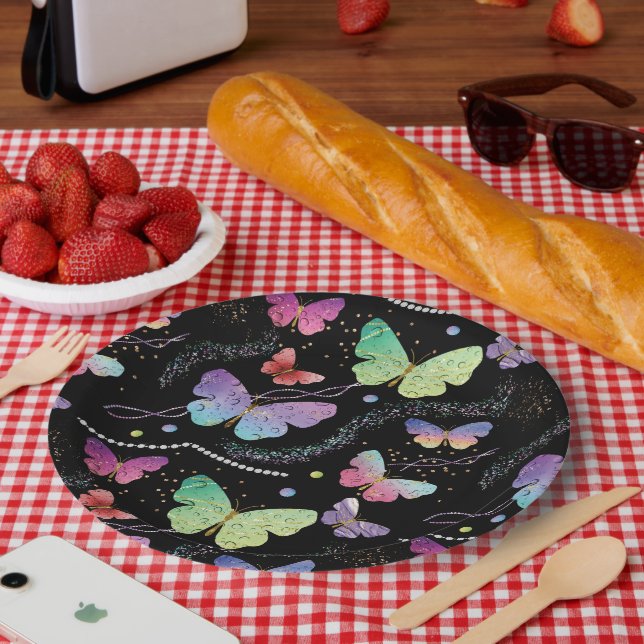 Prato De Papel Borboletas Roxas e Azuis Brilhantes (Piquenique)