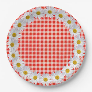 Prato De Papel Borda Branca De Margarida Em Gingham