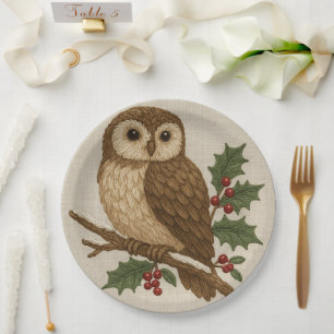 Prato De Papel bordado de coruja de Natal com Holly Rustic