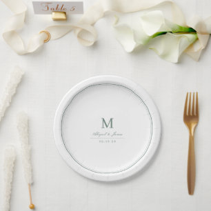 Prato De Papel Bordaduras elegantes monograma minimalista verde s