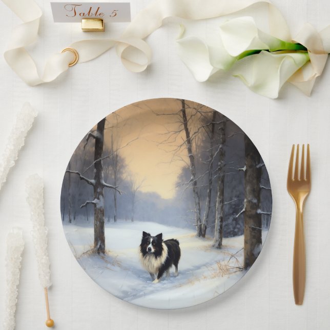 Prato De Papel Border Collie Deixe Nevar Natal (Casamento)