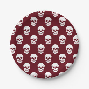 Prato De Papel Bordô Padrão de Caveira Vermelho Fundo Assustador