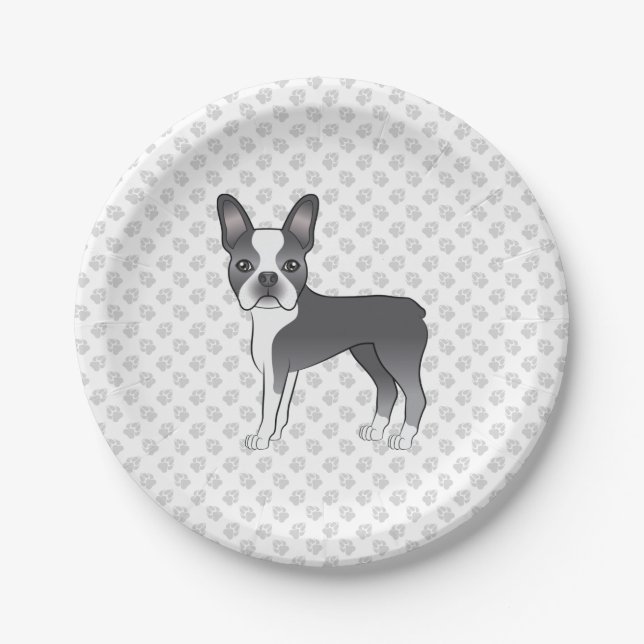 Prato De Papel Boston Terrier Cartoon Cão Azul e Branco & Patas (Frente)