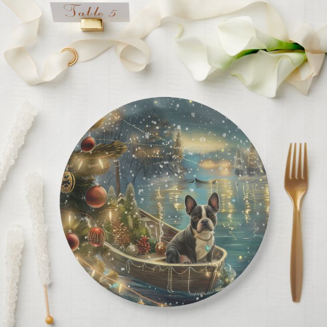 Prato De Papel Boston Terrier Christmas Fesage Voyage (Casamento)