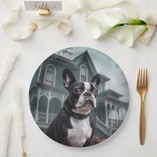 Prato De Papel Boston Terrier Halloween Assustador (Casamento)