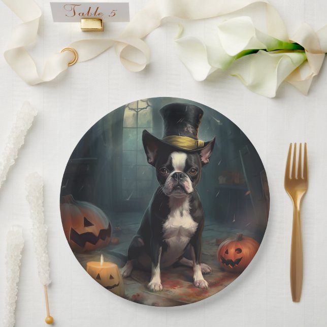 Prato De Papel Boston Terrier Pumpkins Halloween Assustado (Casamento)