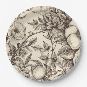 Prato De Papel Botânica Sepia Elegante com Florais Em Camadas