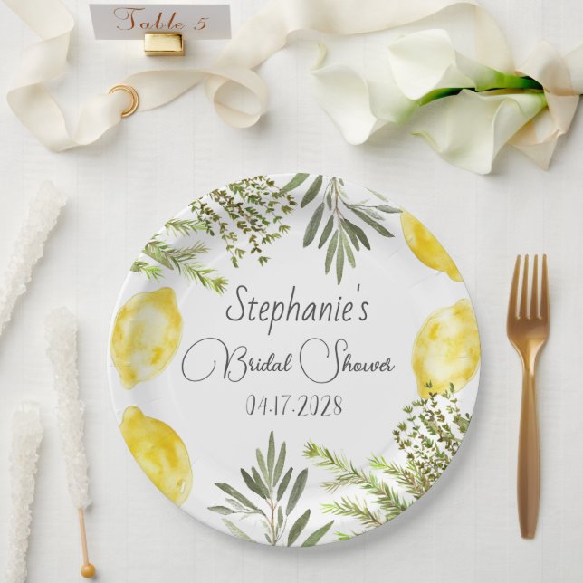 Prato De Papel Botanical Herbs Lemons Watercolor Bridal Shower  (Casamento)