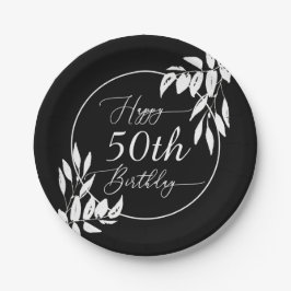Prato De Papel Botânico Preto e Branco Feliz 50.º Aniversário