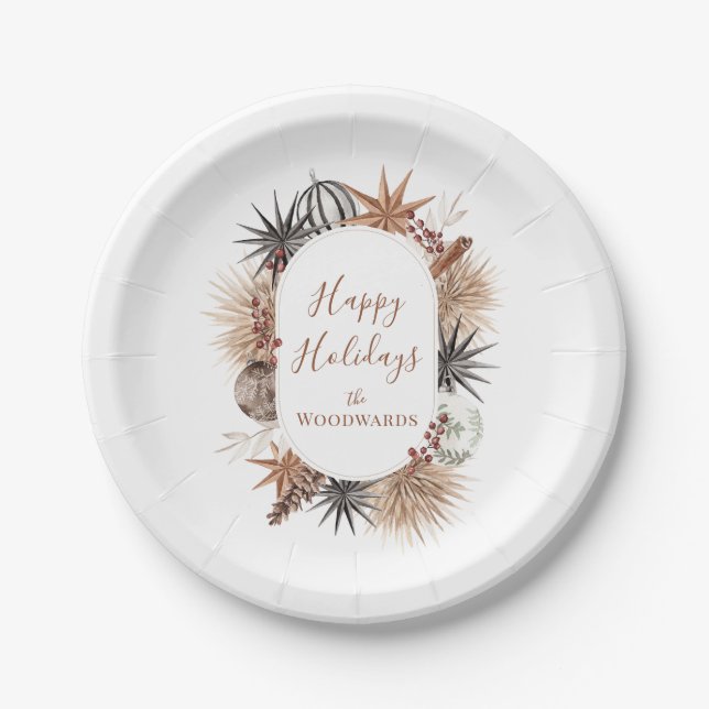 Prato De Papel Botânicos de Natal Boho Personalizados (Frente)
