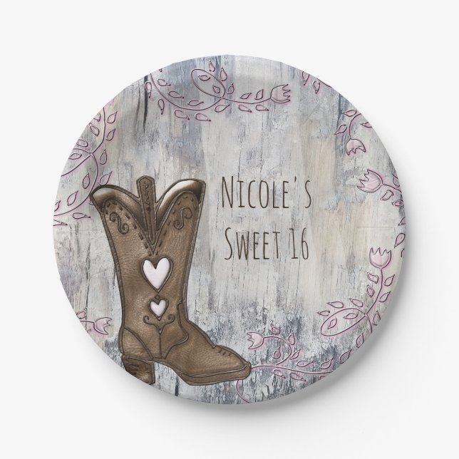 Prato De Papel Botas Rosa Caipira Fofa Coração Cowgirl Chá de Noi (Frente)