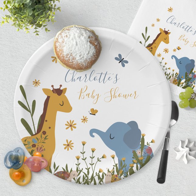 Prato De Papel Bovinos Cachorros Chás de fraldas Florais (Wild Giraffe Elephant Snail Turtle Baby Shower Paper Plates ©Susanne Sachers - Sunny Mind Design 🌞)