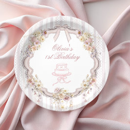 Prato De Papel Bow Wildflower First Birthday Paper Plates