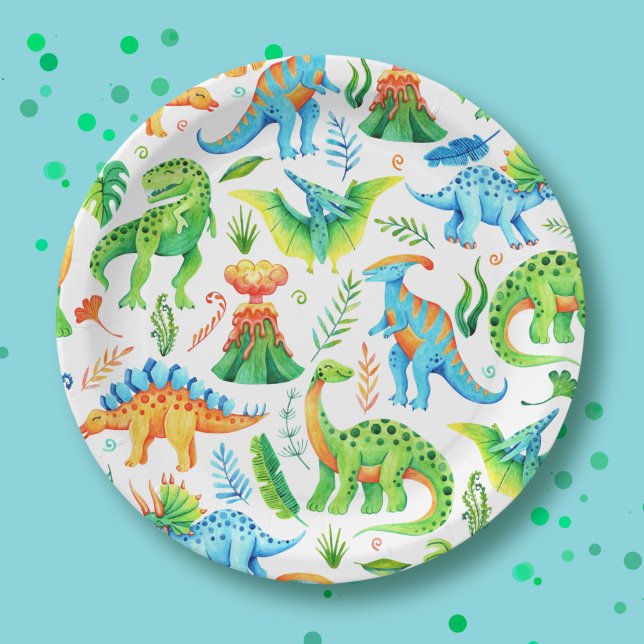 Prato De Papel Boy Dino Party T rex, Stegossauro, Tricerátops (Watercolor Dinosaurs Green, Orange, Blue Paper Plates)