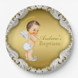 Prato De Papel Boy Dourado Angel Baptism Christening